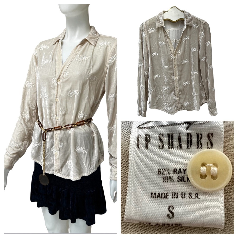 CP Shades Silk Blend Velvet Embroidered Floral Button Down Shirt Beige S Artisan